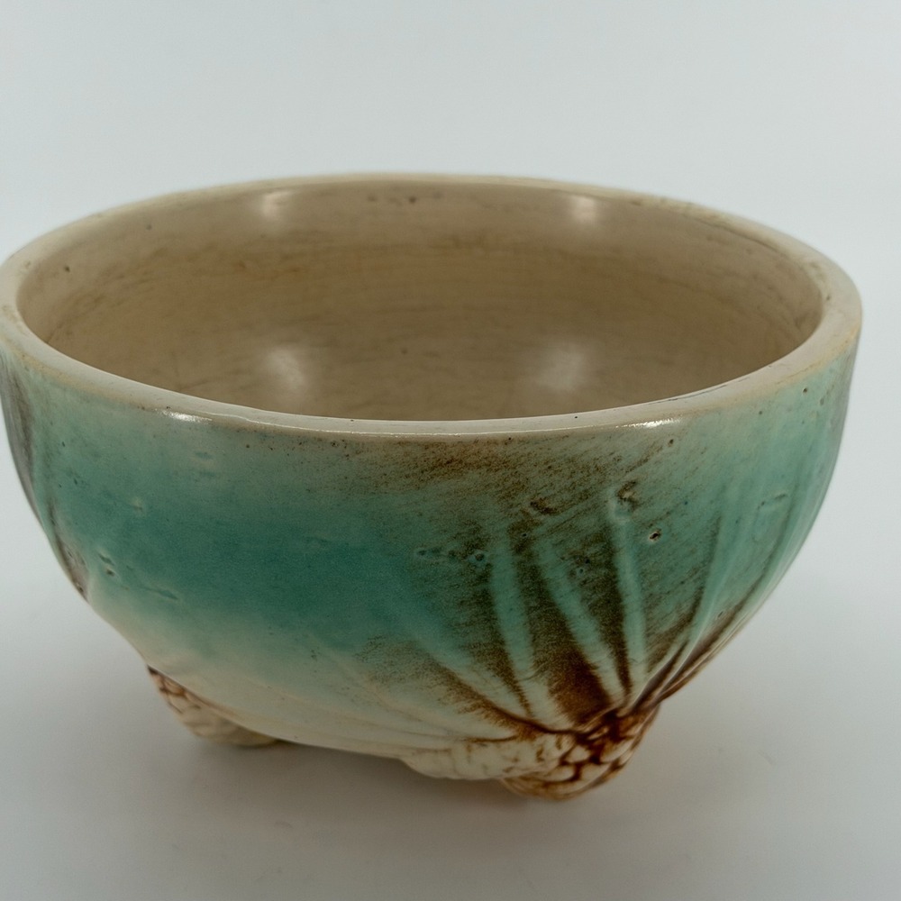 Vintage 1945 McCoy Rustic Pinecone Footed Ceramic Bowl Jardiniere Turquoise